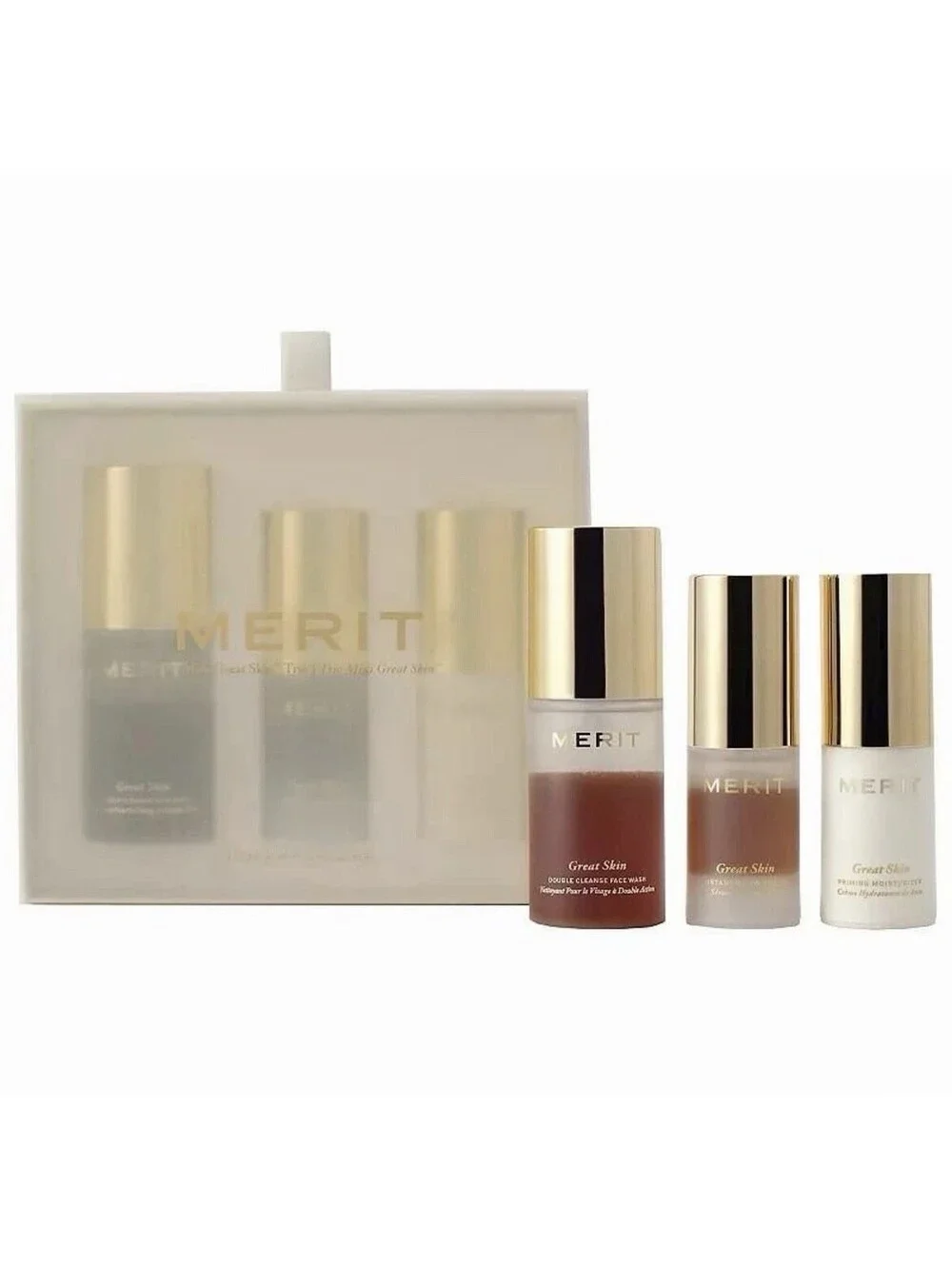 MERIT Mini Great Skin Trio Limited Skincare Set for Cleanse, Glow & Prime.